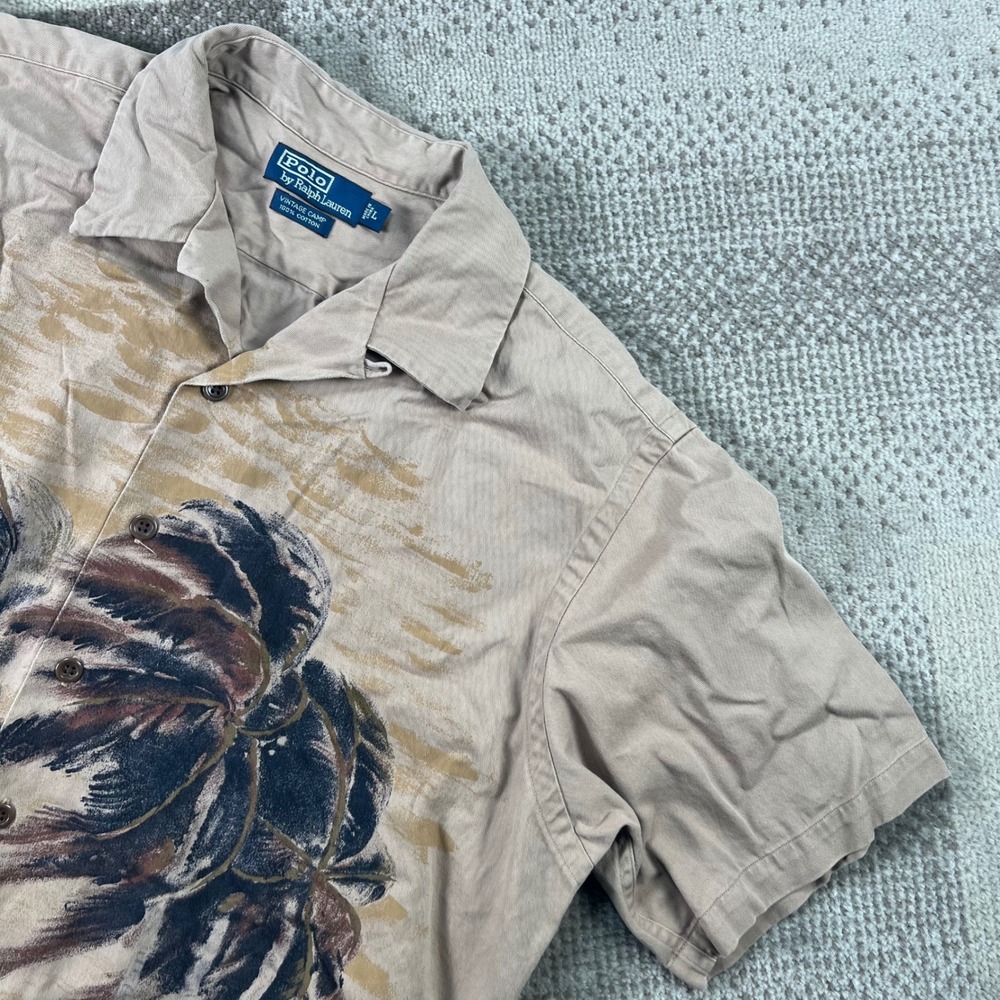 Vintage Polo Ralph Lauren Camp Shirt Mens Large Tan Palm Tree Loop Collar